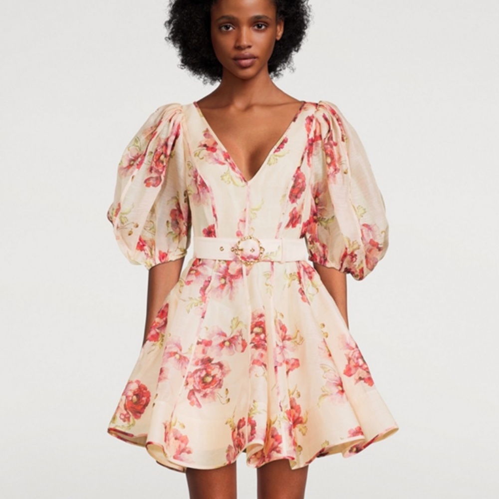 Zimmermann Cream Floral Puff-Sleeve Mini Dress with Pink & Green Accents
